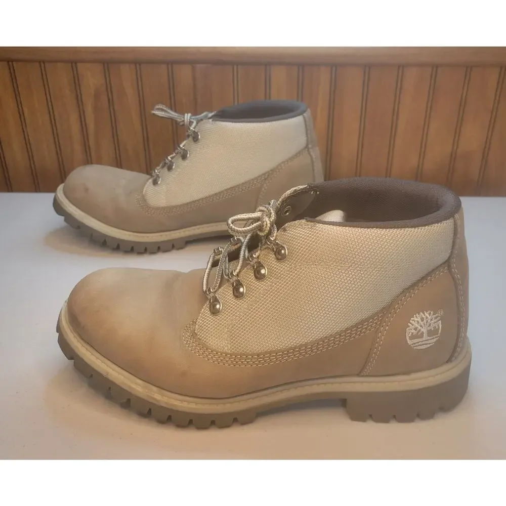 Timberland Men's Boots 8.5 Tan Nubuck Leather Canvas Chukka Trail Mid Lace